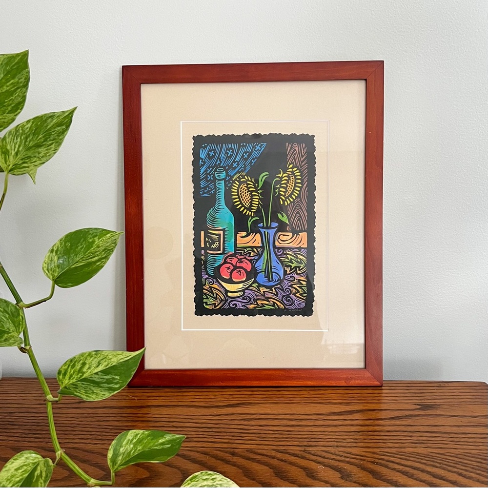 "Sunflowers" Original Linocut Linoleum Block Print Acrylic Painting Signed